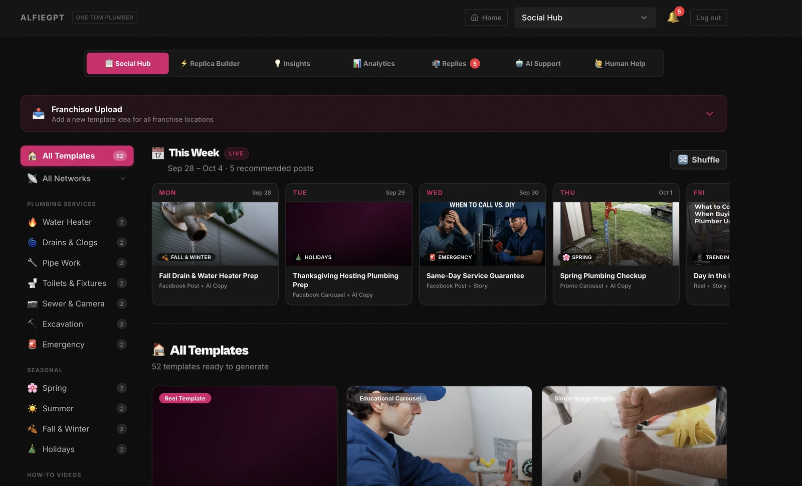 AlfieGPT Social Hub: a social content platform showing weekly planning, templates, AI support and branded franchise tools